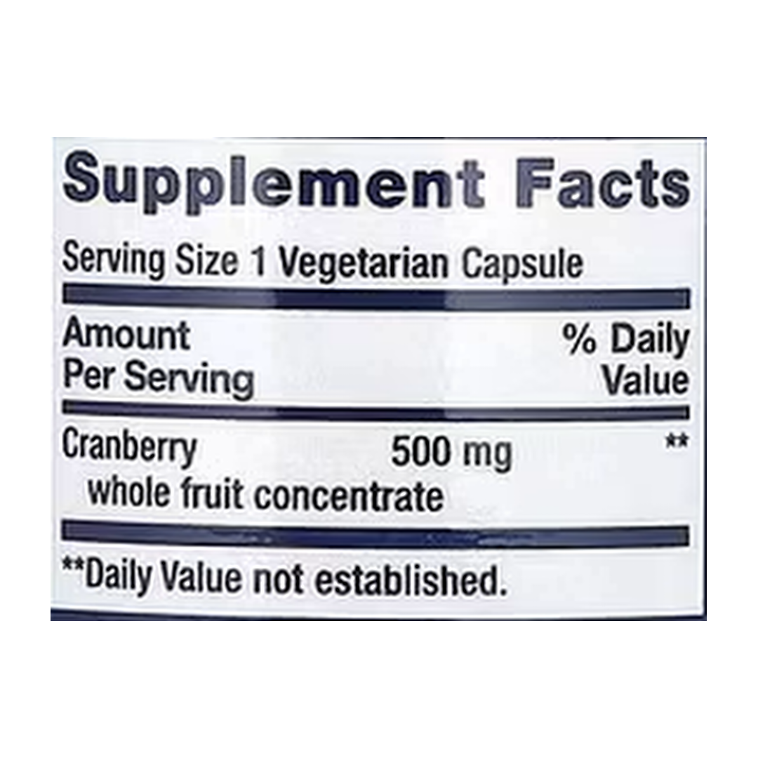 Life Extension, Cran-Max, Cranberry Whole Fruit Concentrate, 500 mg, 60 Vegetarian Capsules supplement facts label showing ingredients, vitamins, minerals, and serving information