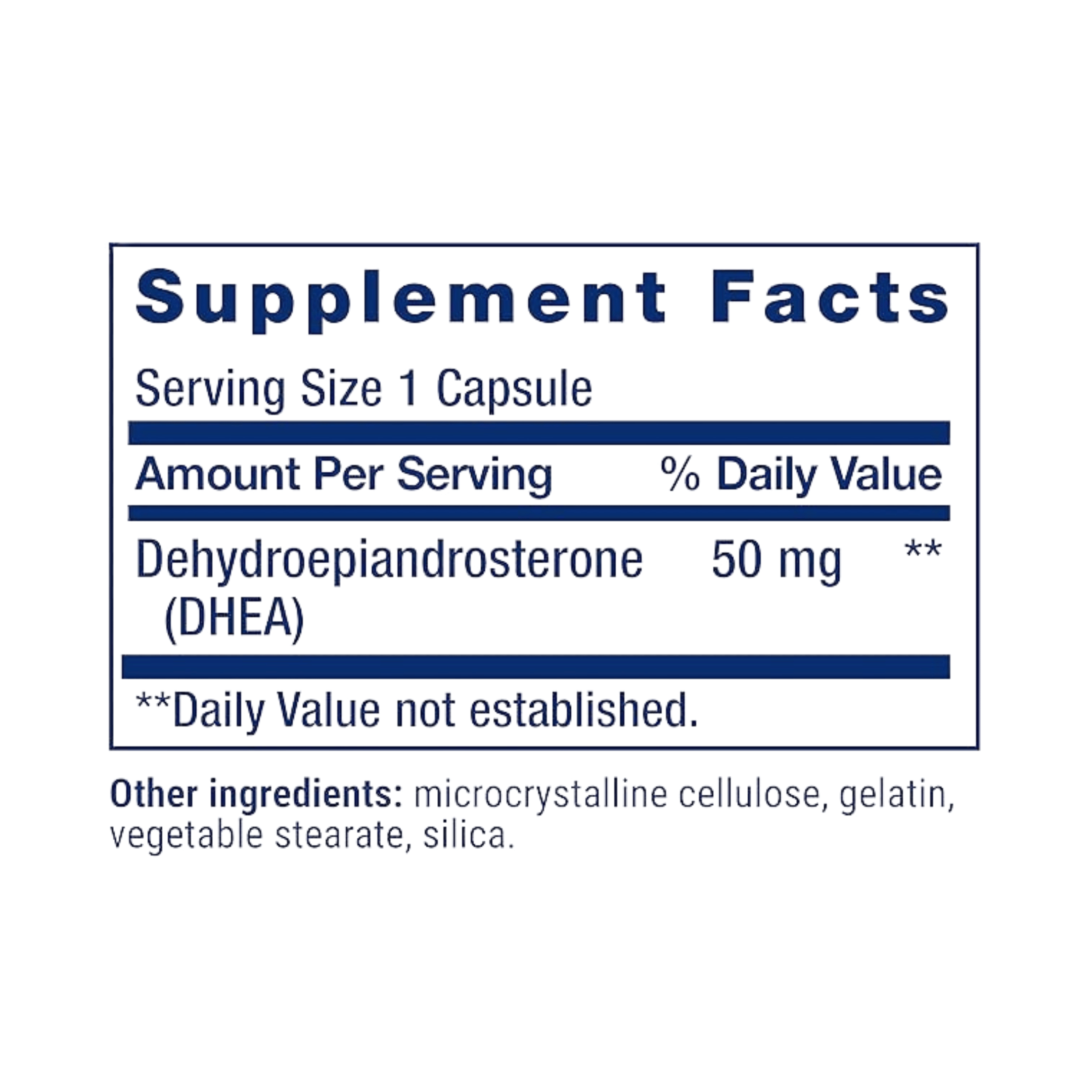 Life Extension, DHEA, 50 Mg, 60 Capsules supplement facts label showing ingredients, vitamins, minerals, and serving information