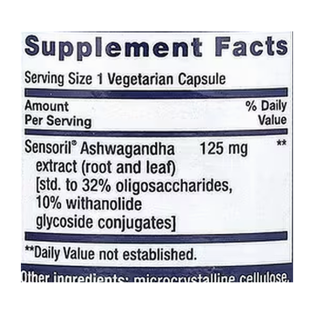Life Extension, Optimized Ashwagandha, 60 Vegetarian Capsules supplement facts label showing ingredients, vitamins, minerals, and serving information
