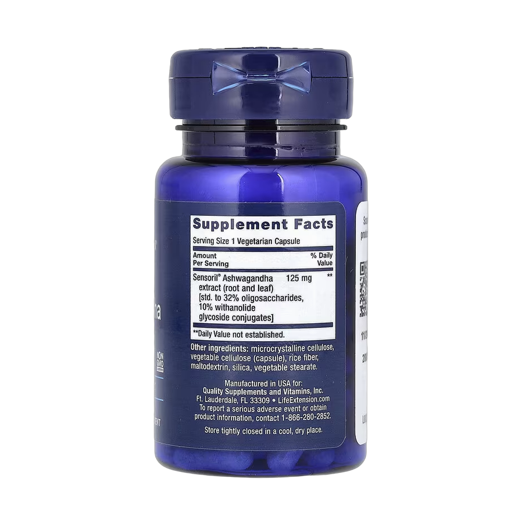 Life Extension, Optimized Ashwagandha, 60 Vegetarian Capsules back packaging view