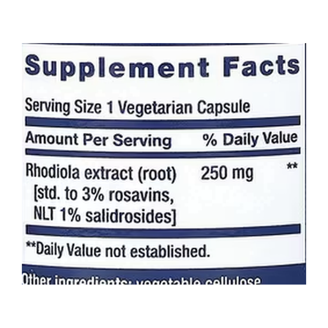 Life Extension, Rhodiola Extract, 250 mg, 60 Vegetarian Capsules supplement facts label showing ingredients, vitamins, minerals, and serving information