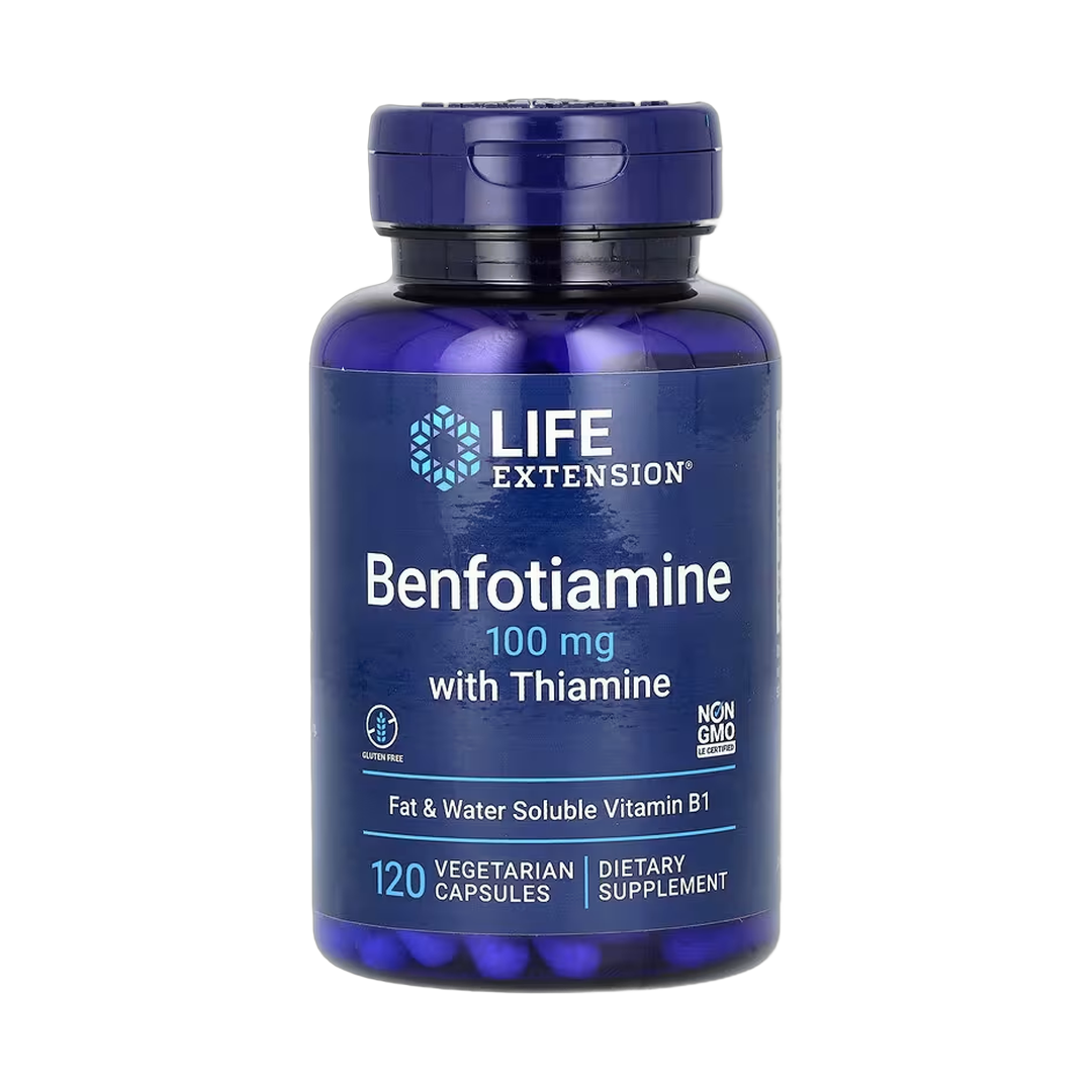 Life Extension, Benfotiamine with Thiamine, 100 mg, 120 Vegetarian Capsules front packaging view