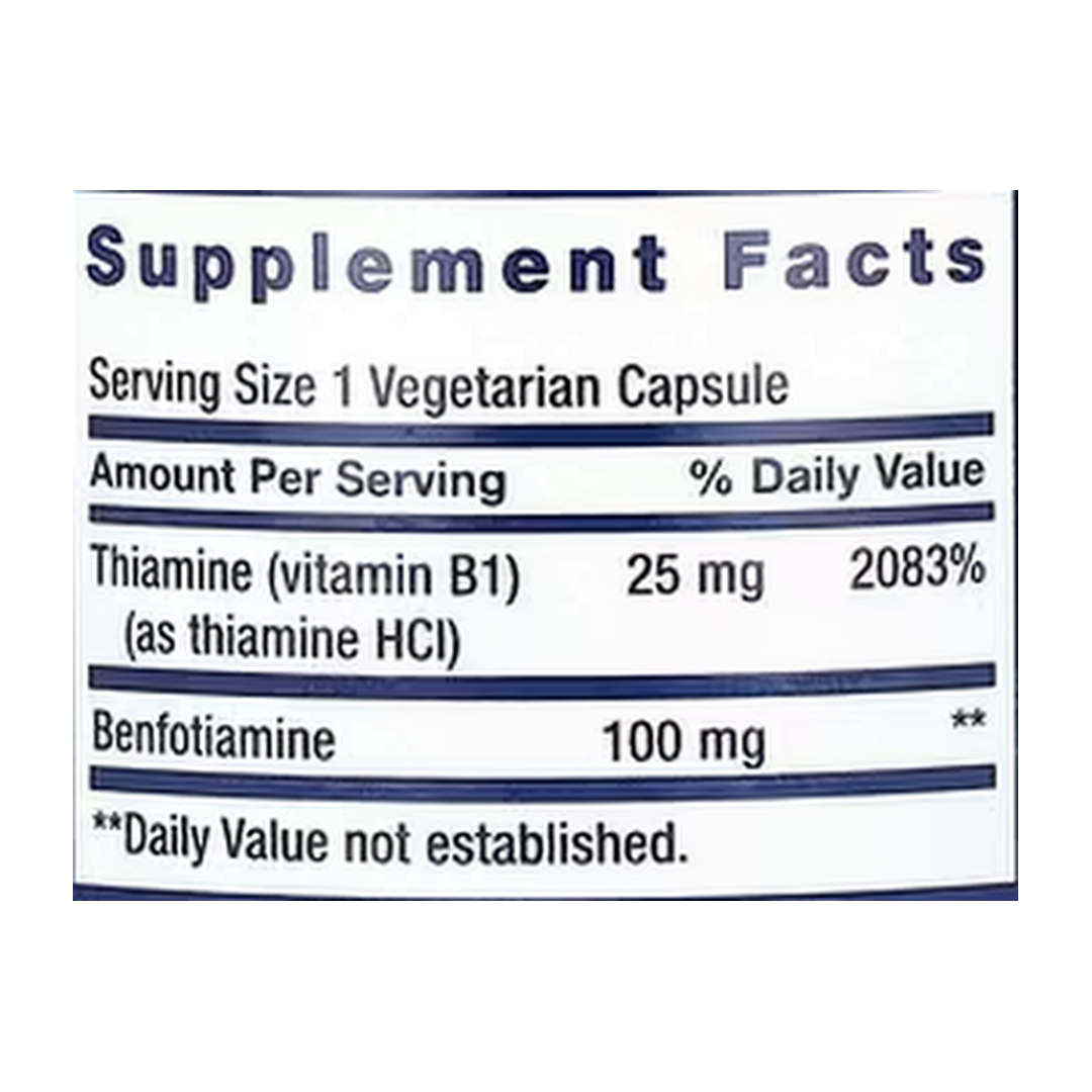 Life Extension, Benfotiamine with Thiamine, 100 mg, 120 Vegetarian Capsules supplement facts label showing ingredients, vitamins, minerals, and serving information