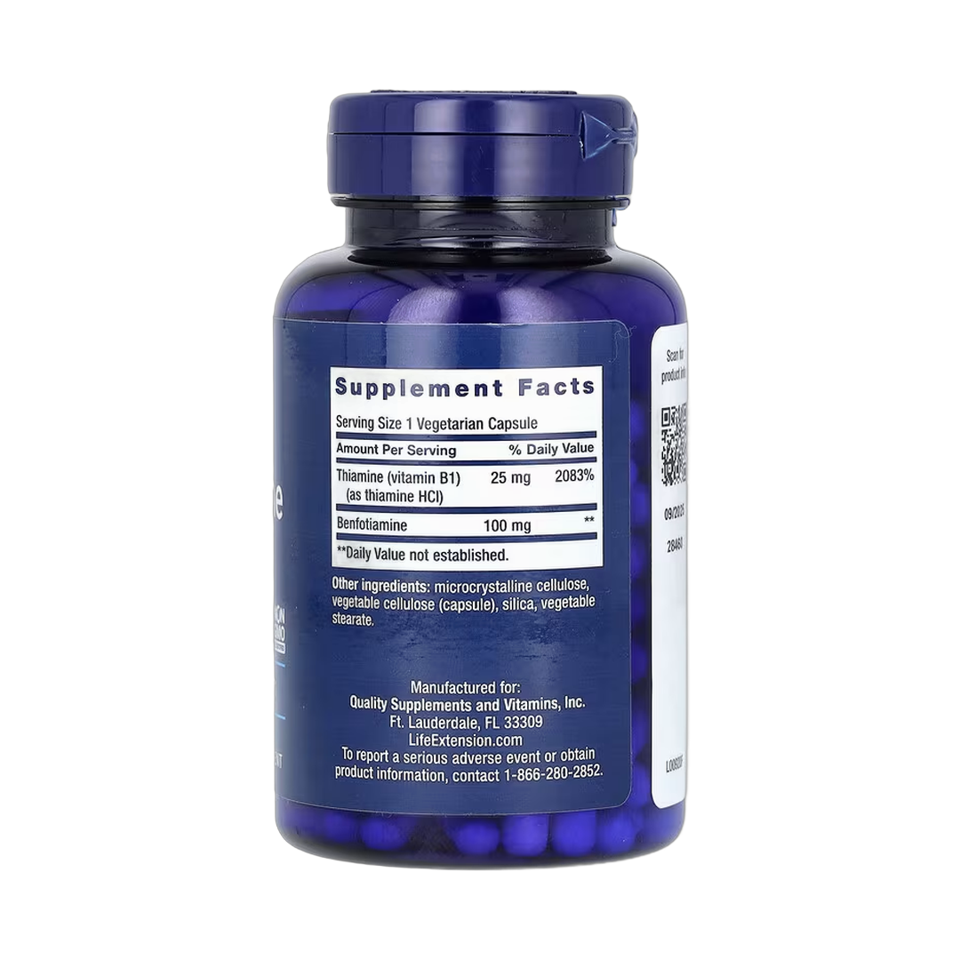 Life Extension, Benfotiamine with Thiamine, 100 mg, 120 Vegetarian Capsules back packaging view