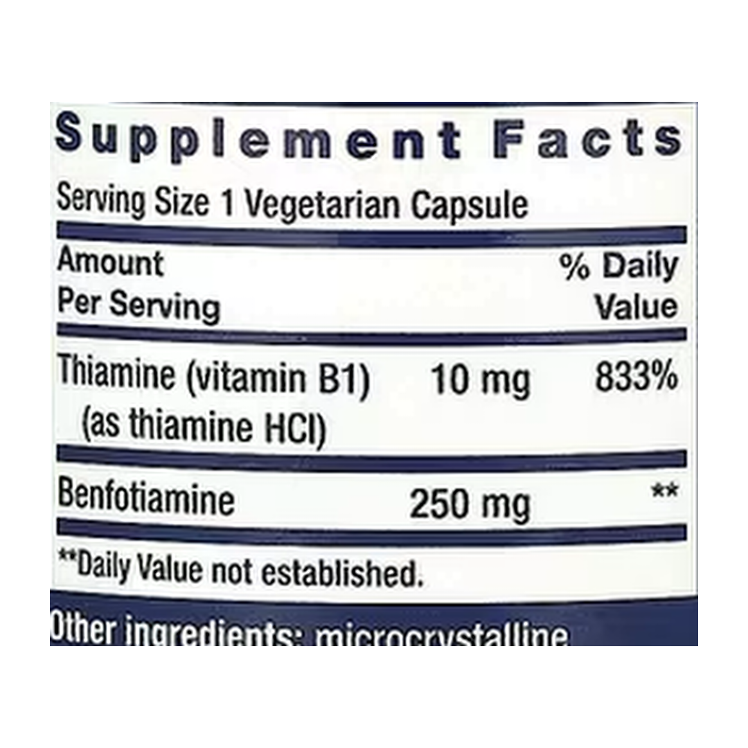 Life Extension, Mega Benfotiamine, 250 mg, 120 Vegetarian Capsules supplement facts label showing ingredients, vitamins, minerals, and serving information