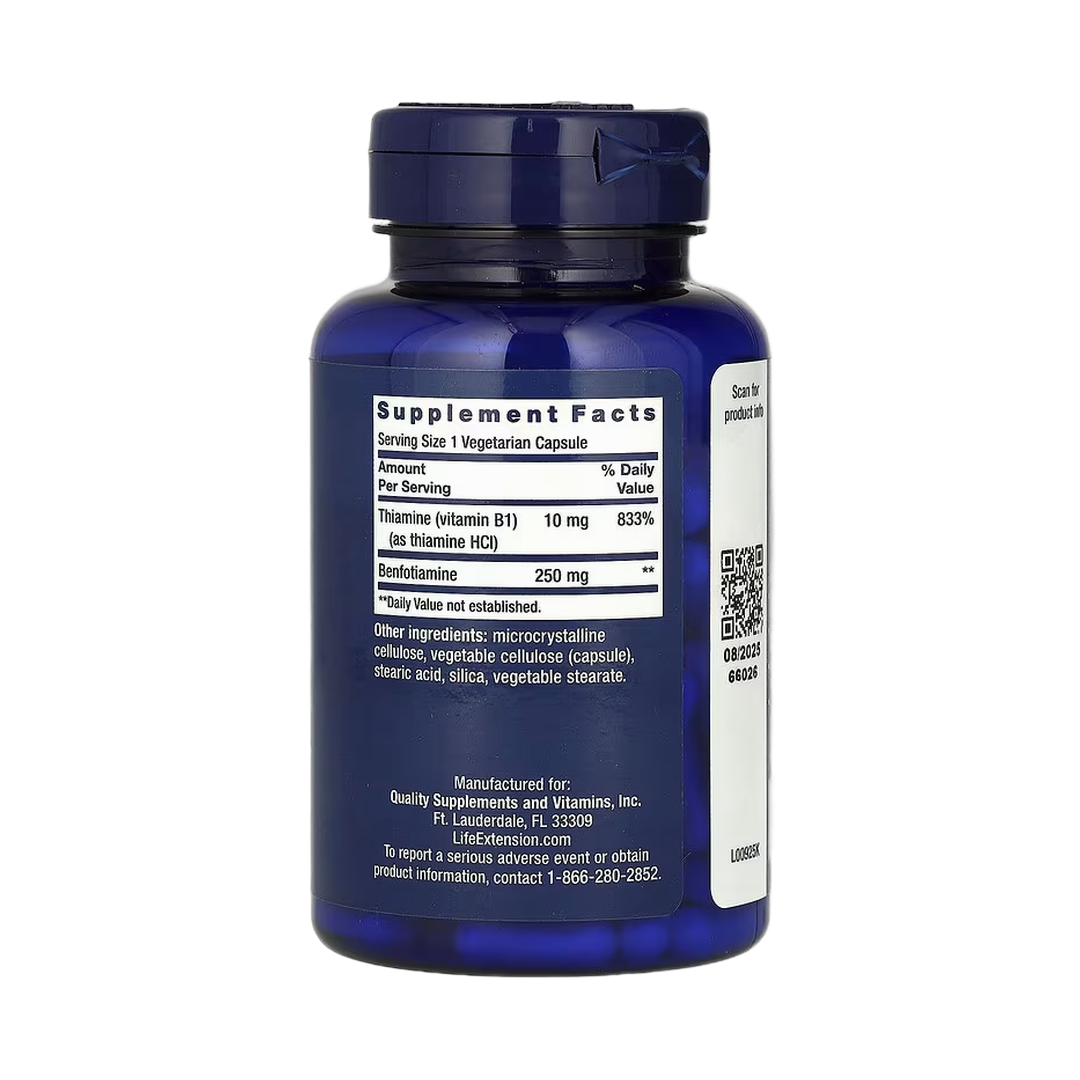 Life Extension, Mega Benfotiamine, 250 mg, 120 Vegetarian Capsules back packaging view