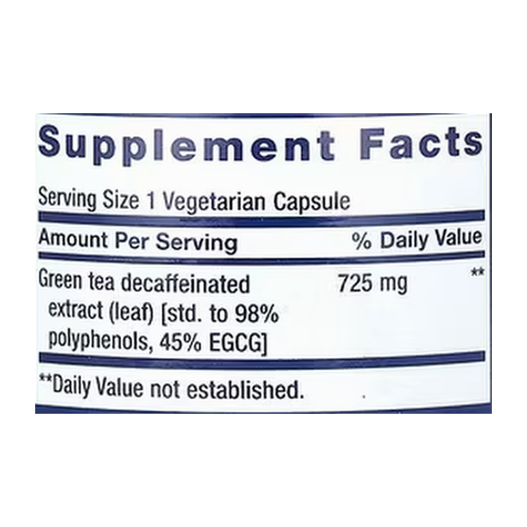 Life Extension, Mega Green Tea Extract, Lightly Caffeinated, 100 Vegetarian Capsules supplement facts label showing ingredients, vitamins, minerals, and serving information