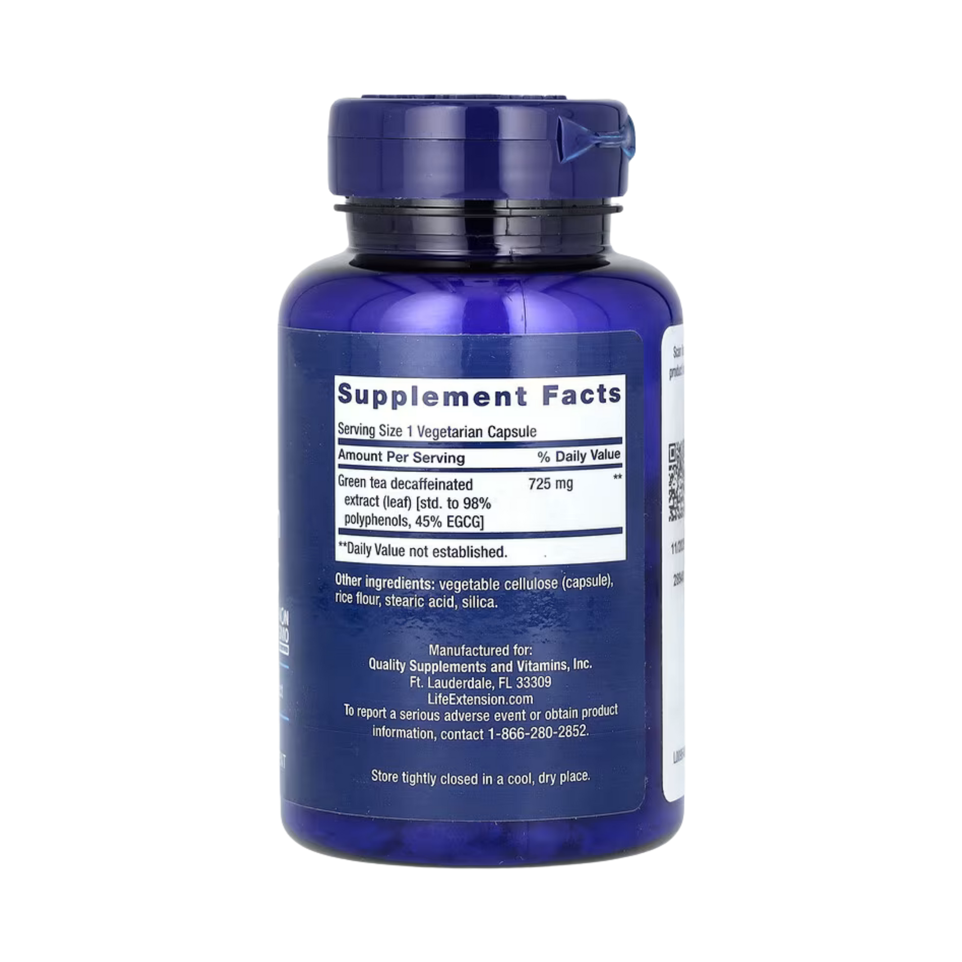 Life Extension, Mega Green Tea Extract, Lightly Caffeinated, 100 Vegetarian Capsules back packaging view