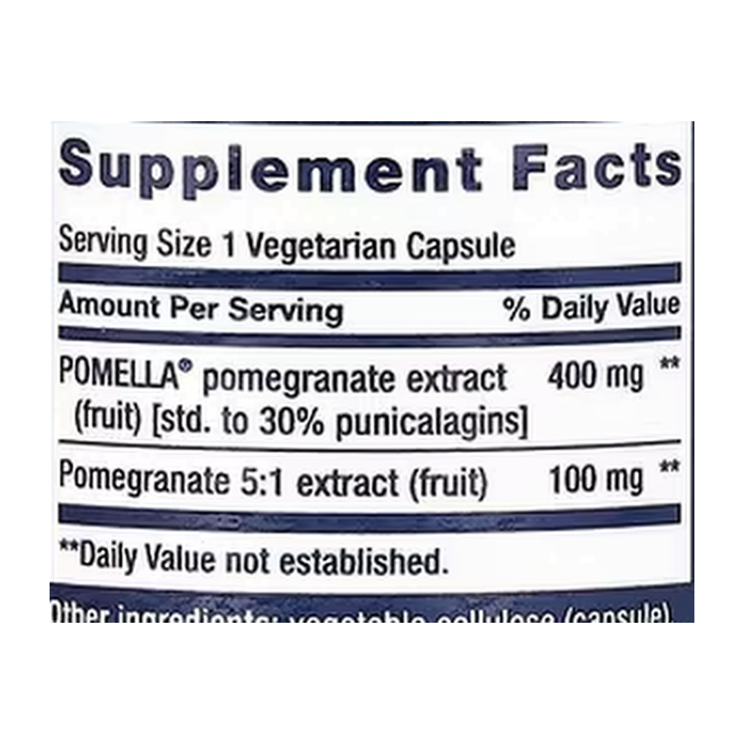 Life Extension, Pomegranate Fruit Extract, 30 Vegetarian Capsules supplement facts label showing ingredients, vitamins, minerals, and serving information