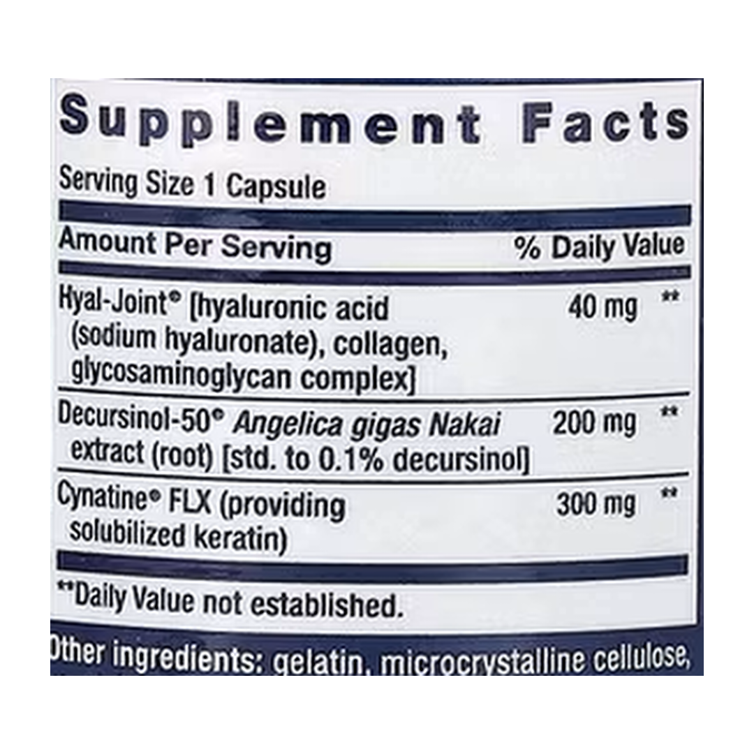 Life Extension, Fast-Acting Joint Formula, 30 Capsules supplement facts label showing ingredients, vitamins, minerals, and serving information