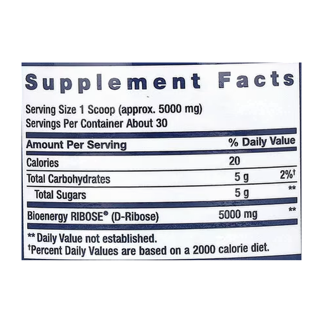 Life Extension, D-Ribose Powder, 5.29 oz, 150 g supplement facts label showing ingredients, vitamins, minerals, and serving information