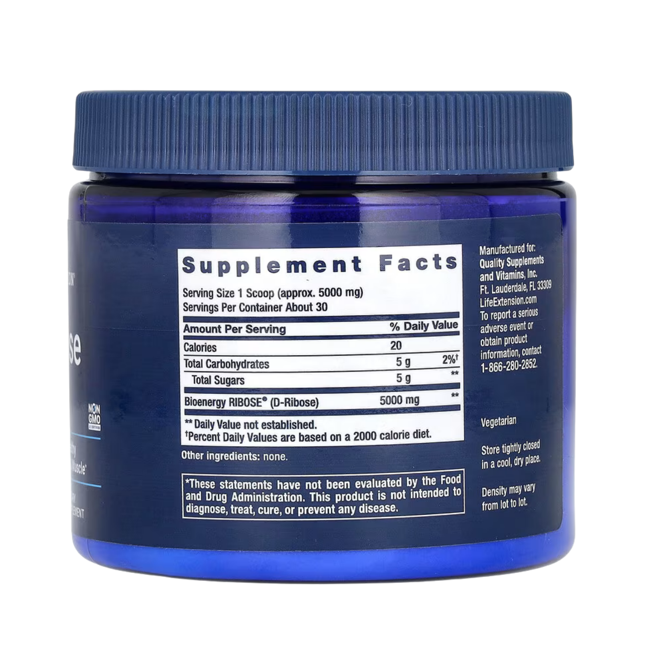 Life Extension, D-Ribose Powder, 5.29 oz, 150 g back packaging view