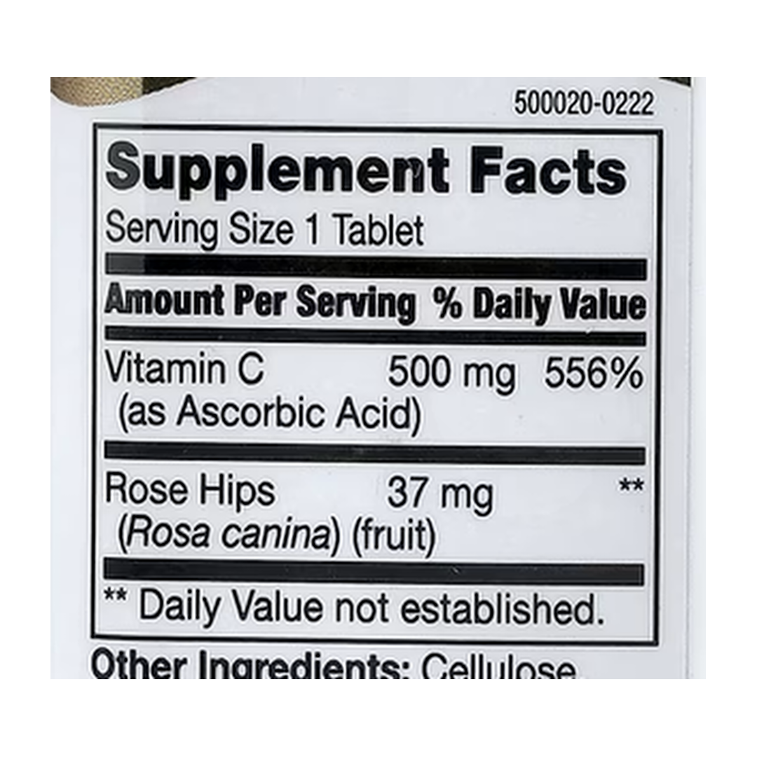 21st Century, Vitamin C with Rose Hips, 500 mg, 110 Tablets supplement facts label showing ingredients, vitamins, minerals, and serving information
