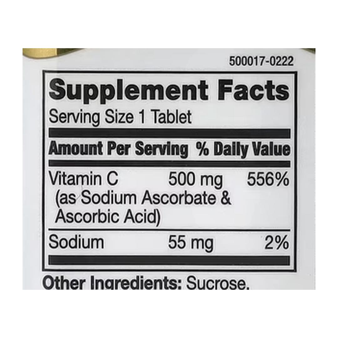 21st Century, Chewable Vitamin C, Orange , 500 mg, 110 Tablets supplement facts label showing ingredients, vitamins, minerals, and serving information