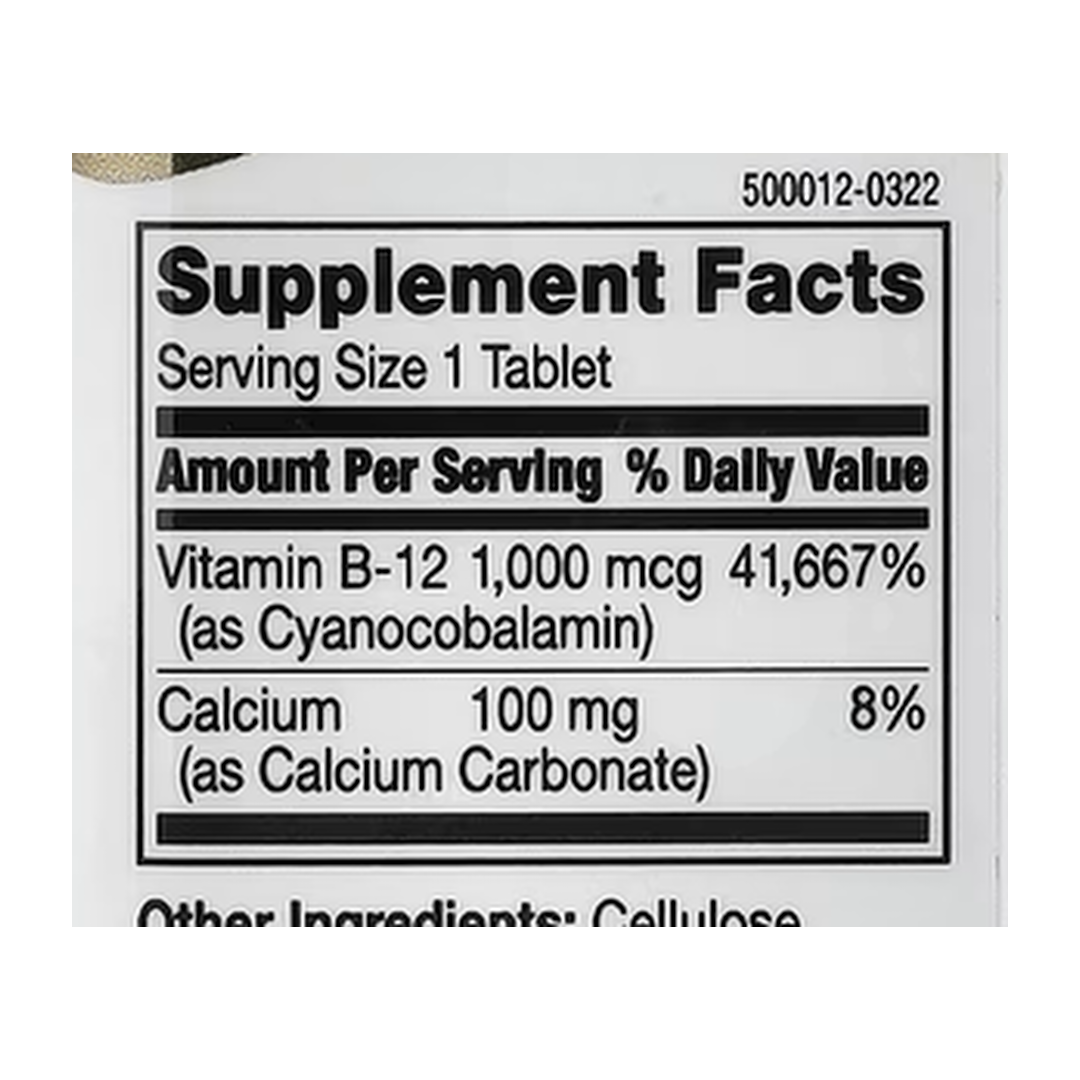 21st Century, B-12, Prolonged Release, 1,000 mcg, 110 Tablets supplement facts label showing ingredients, vitamins, minerals, and serving information