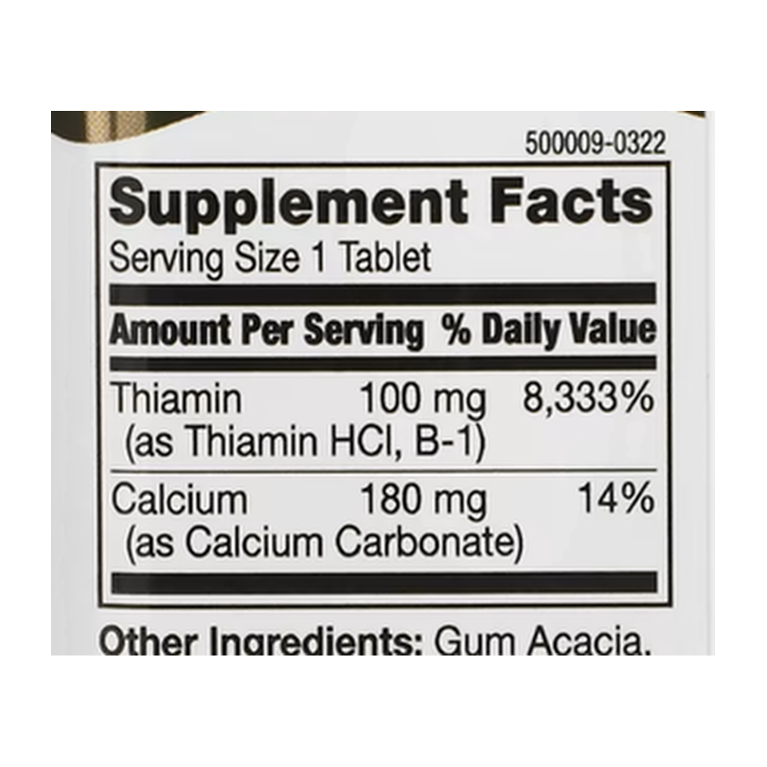 21st Century, B-1, 100 mg, 110 Tablets supplement facts label showing ingredients, vitamins, minerals, and serving information