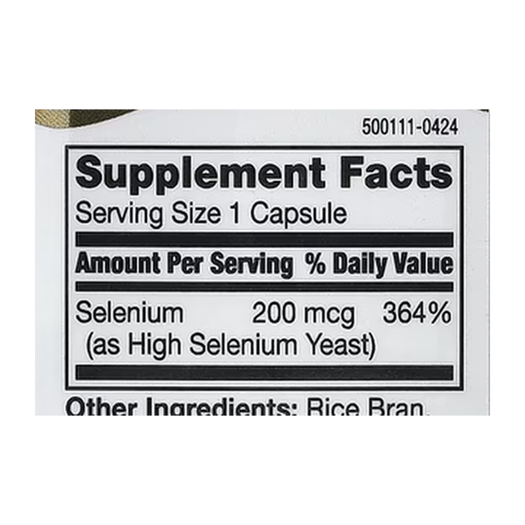 21st Century, Selenium, 200 mcg, 60 Capsules supplement facts label showing ingredients, vitamins, minerals, and serving information