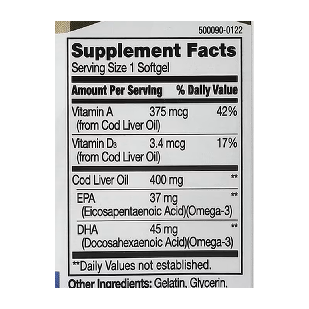 21st Century, Norwegian Cod Liver Oil, 400 mg, 110 Softgels supplement facts label showing ingredients, vitamins, minerals, and serving information