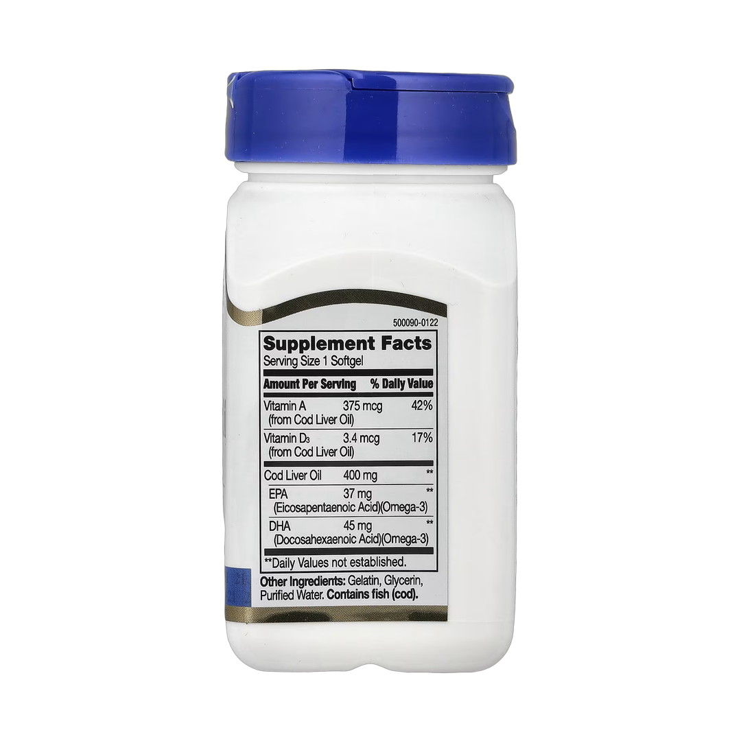 21st Century, Norwegian Cod Liver Oil, 400 mg, 110 Softgels back packaging view