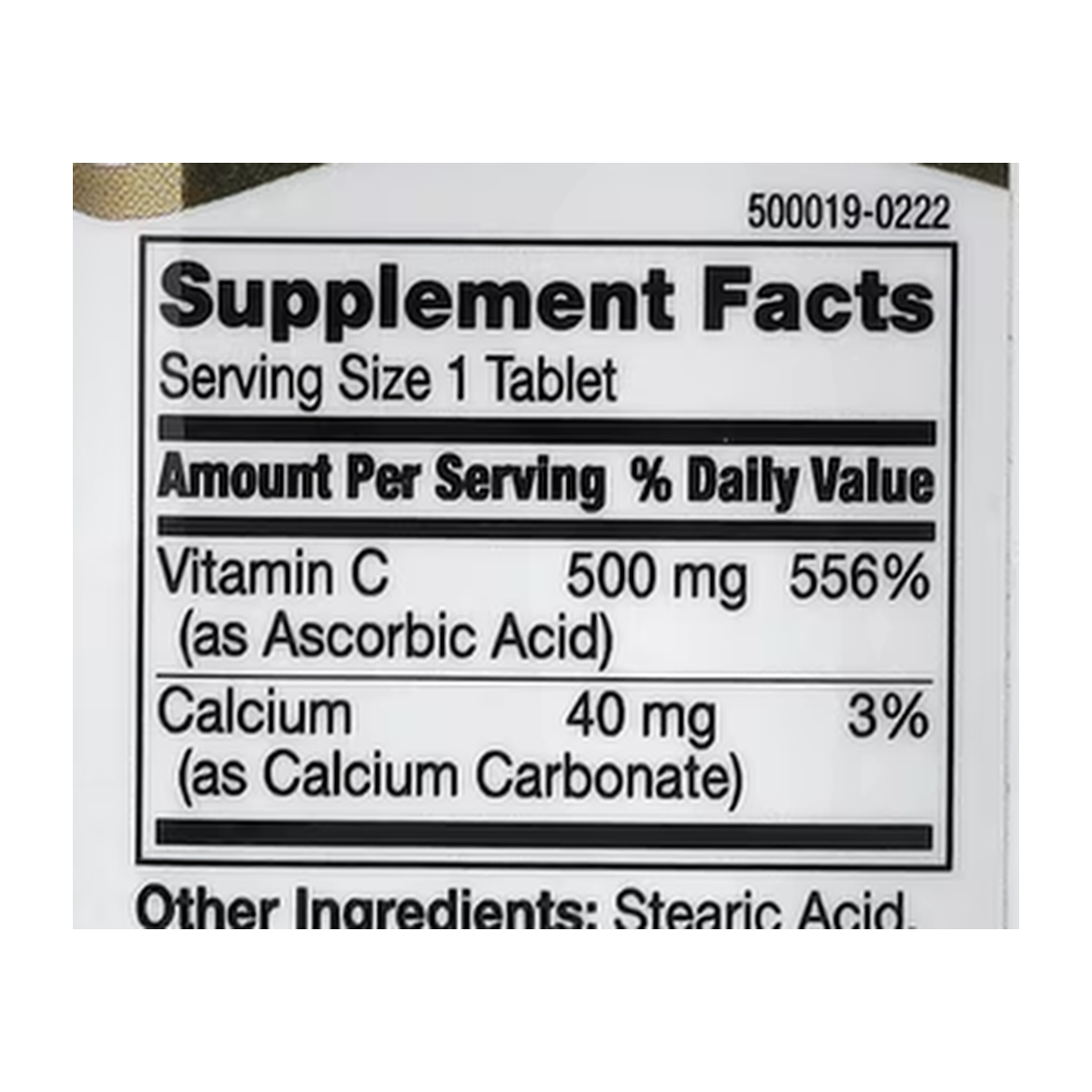 21st Century, Vitamin C, Prolonged Release, 500 mg, 110 Tablets supplement facts label showing ingredients, vitamins, minerals, and serving information