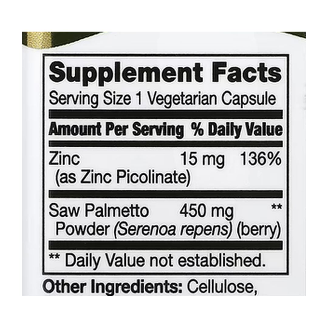 21st Century, Saw Palmetto, 450 mg, 60 Vegetarian Capsules supplement facts label showing ingredients, vitamins, minerals, and serving information