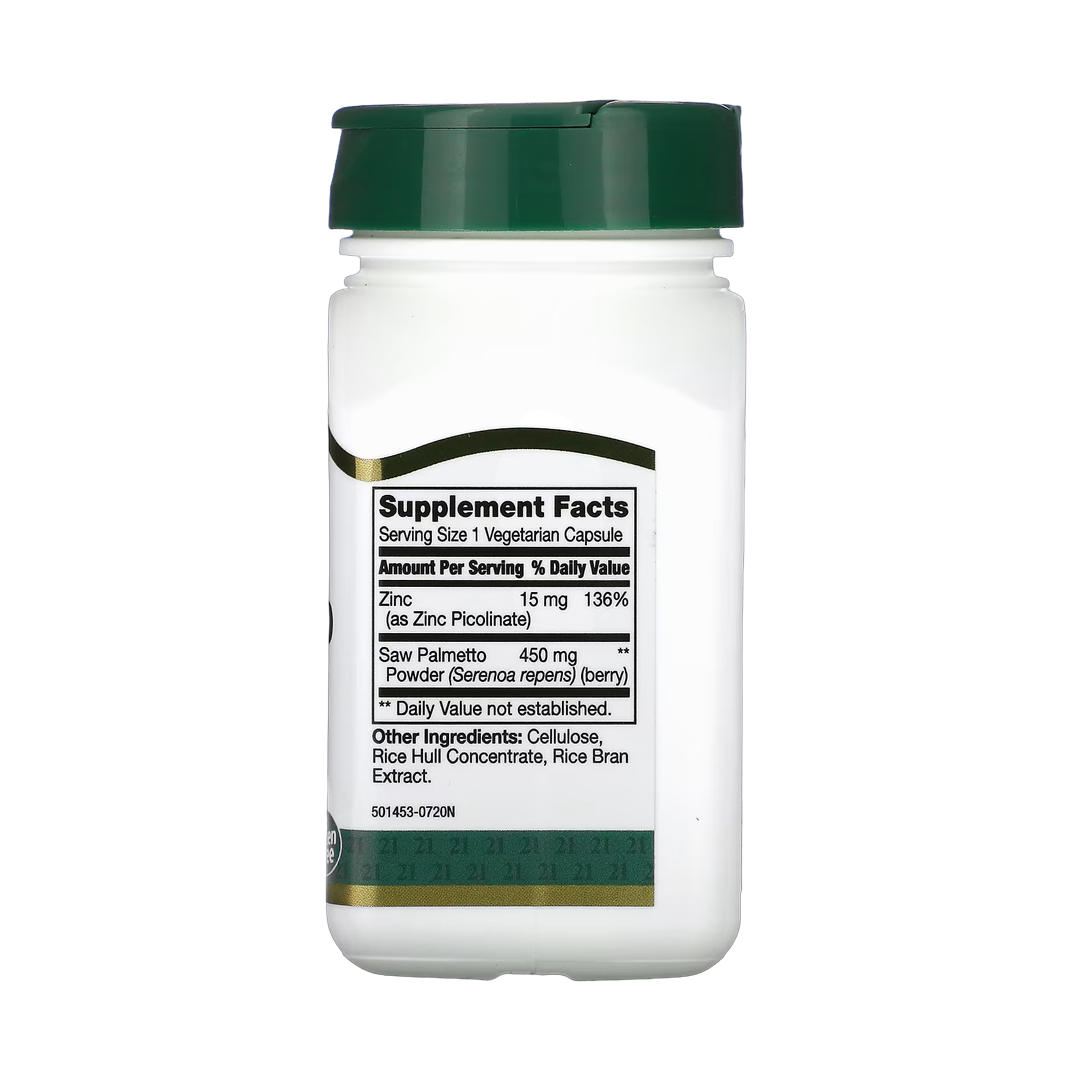 21st Century, Saw Palmetto, 450 mg, 60 Vegetarian Capsules back packaging view