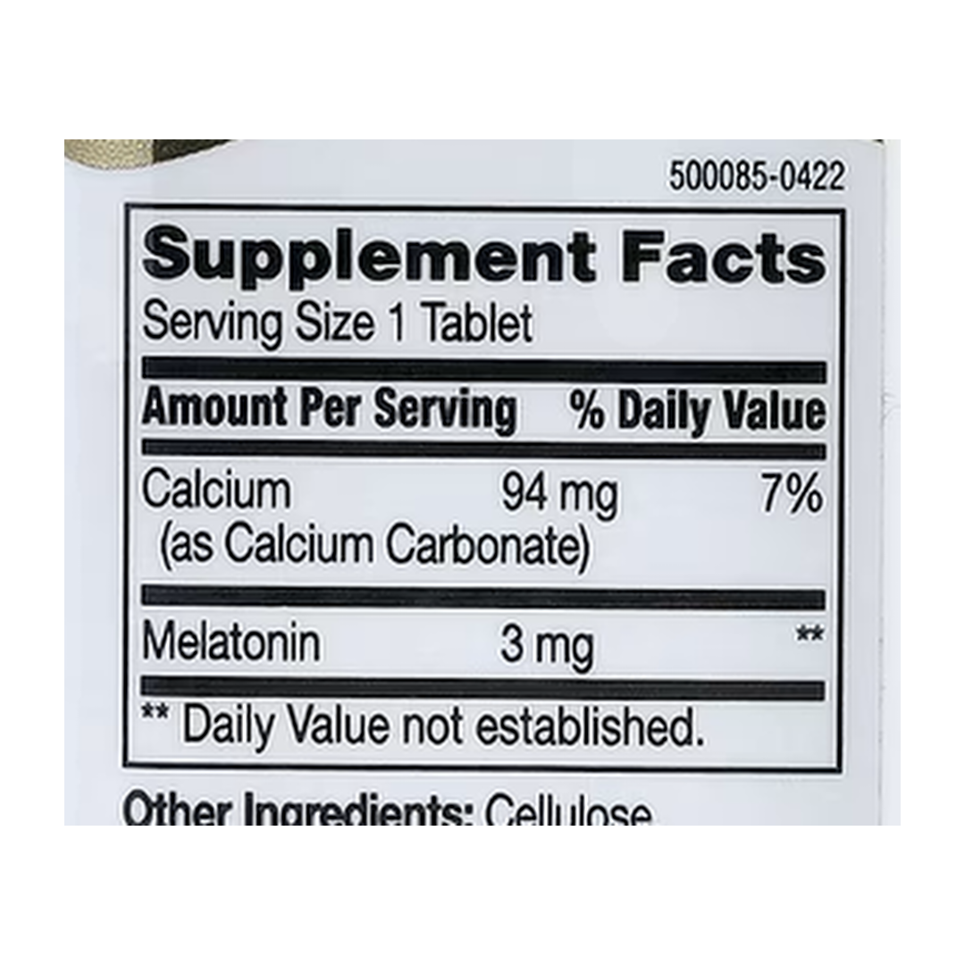 21st Century, Melatonin, 3 mg, 90 Tablets supplement facts label showing ingredients, vitamins, minerals, and serving information