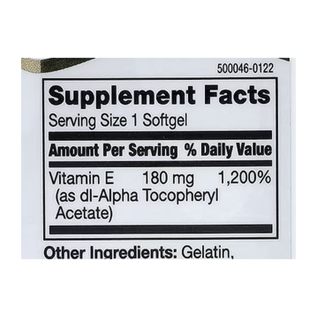 21st Century, Vitamin E, 180 mg (400 IU), 110 Softgels supplement facts label showing ingredients, vitamins, minerals, and serving information