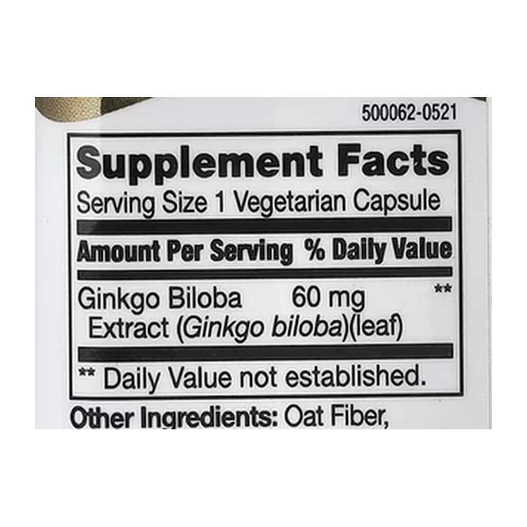 21st Century, Ginkgo Biloba Extract, Standardized, 60 Vegetarian Capsules supplement facts label showing ingredients, vitamins, minerals, and serving information