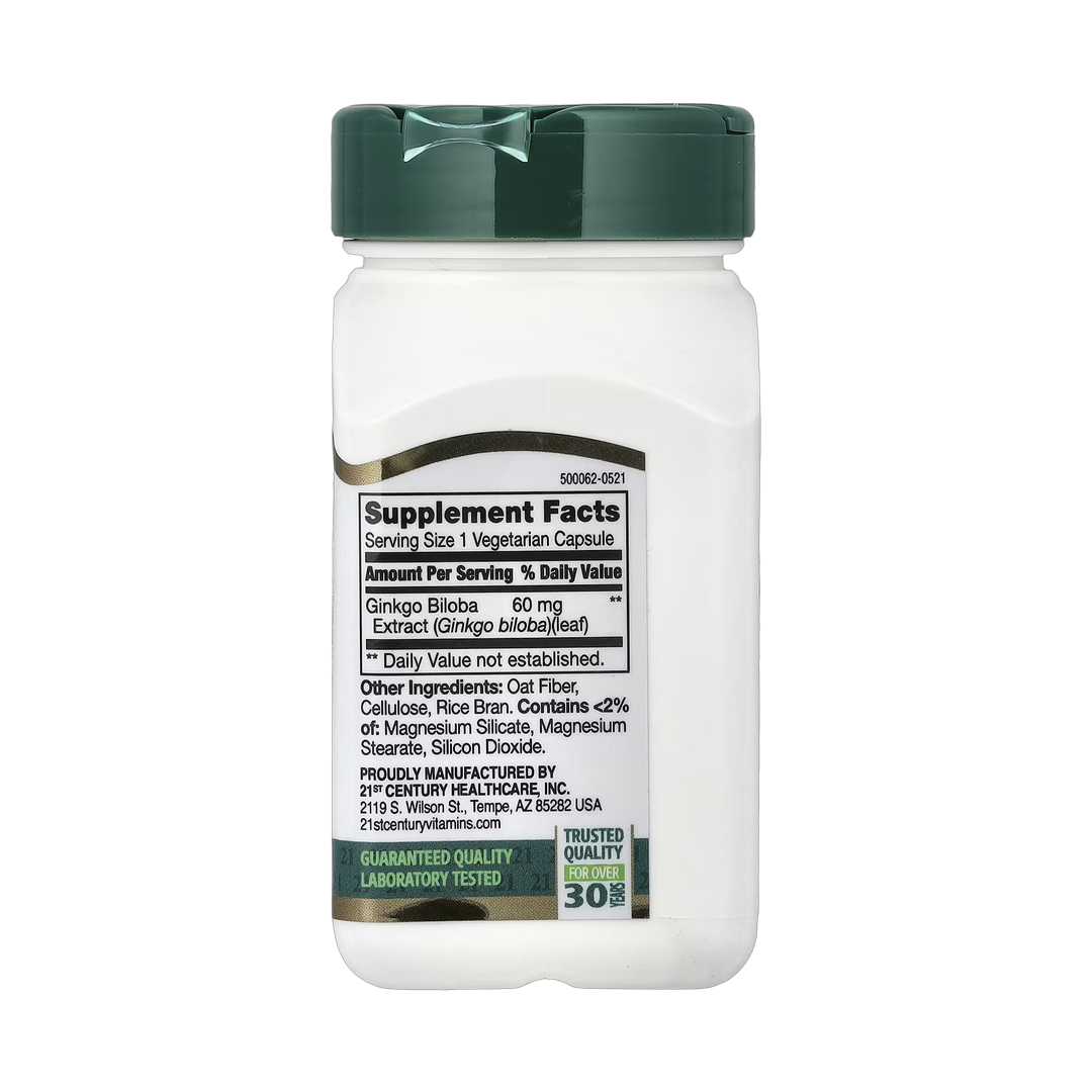 21st Century, Ginkgo Biloba Extract, Standardized, 60 Vegetarian Capsules back packaging view