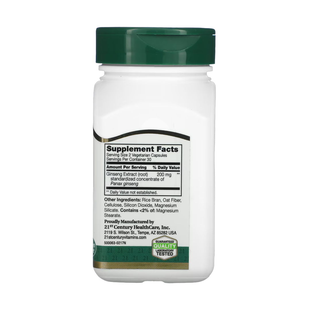 21st Century, Standardized Ginseng Extract, 60 Vegetarian Capsule back packaging view