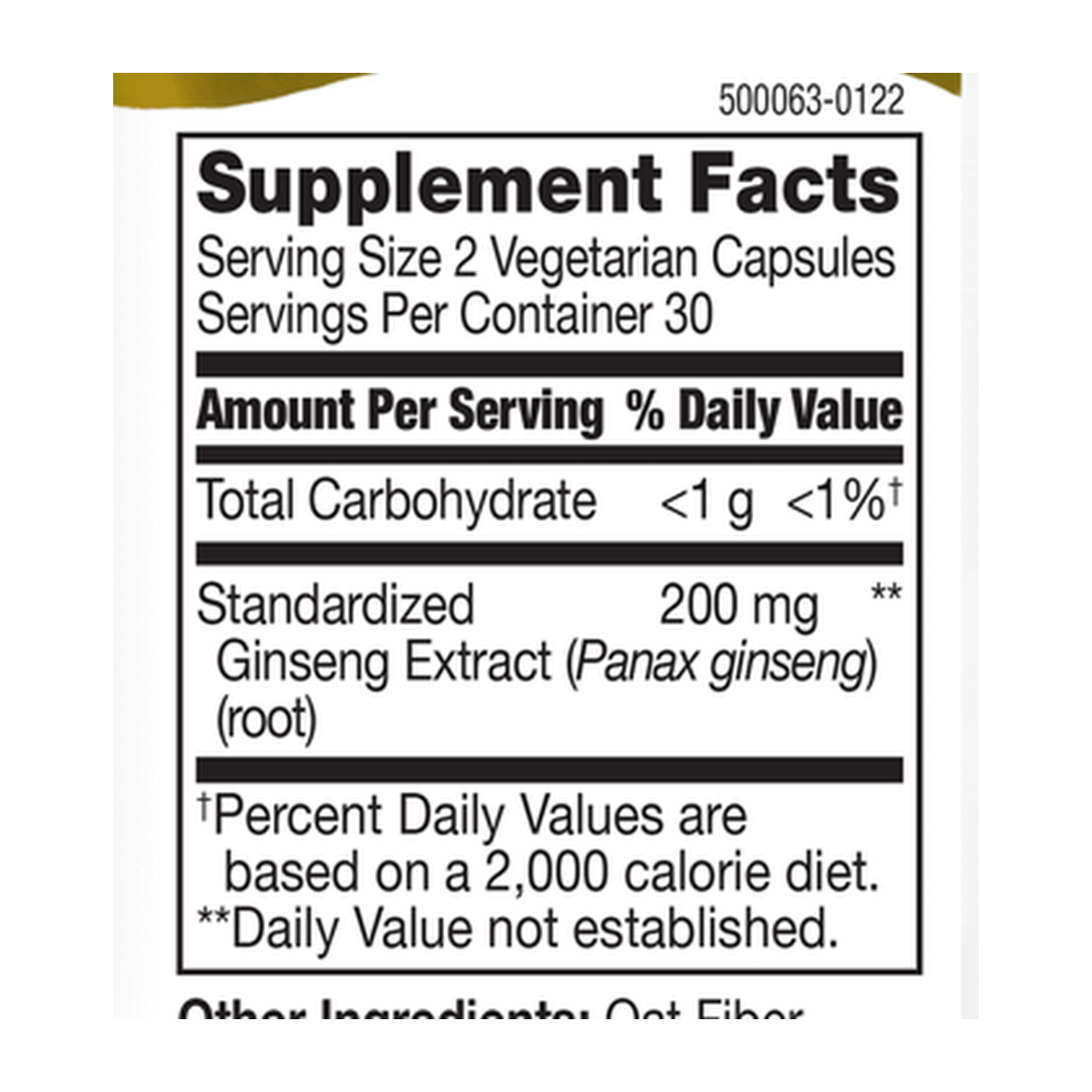 21st Century, Standardized Ginseng Extract, 60 Vegetarian Capsule supplement facts label showing ingredients, vitamins, minerals, and serving information