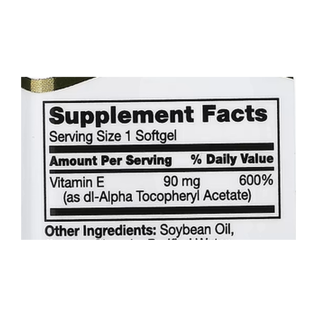 21st Century, Vitamin E, 90 mg (200 IU), 110 Softgels supplement facts label showing ingredients, vitamins, minerals, and serving information