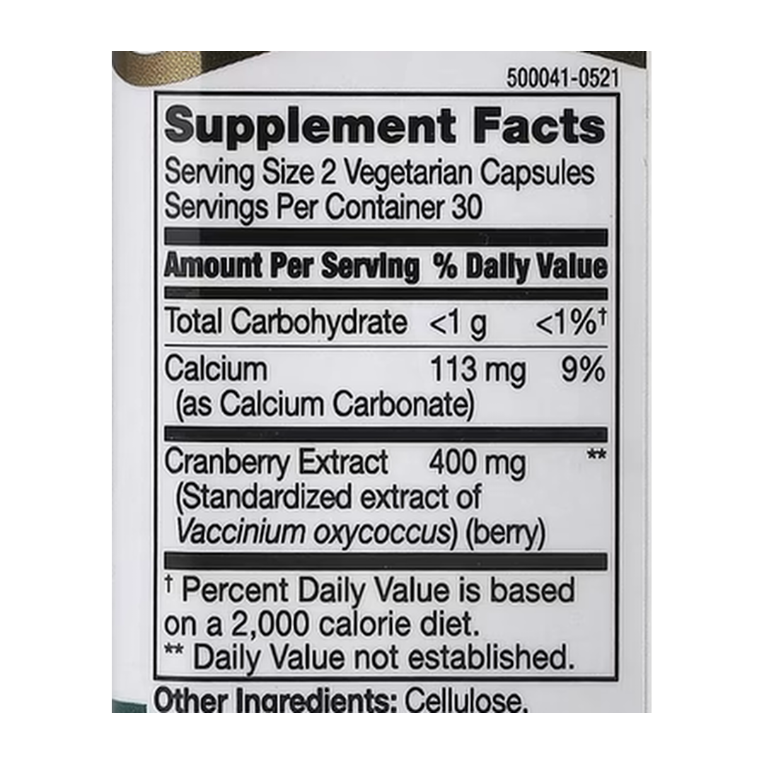 21st Century, Cranberry Extract, Standardized, 60 Vegetarian Capsules supplement facts label showing ingredients, vitamins, minerals, and serving information