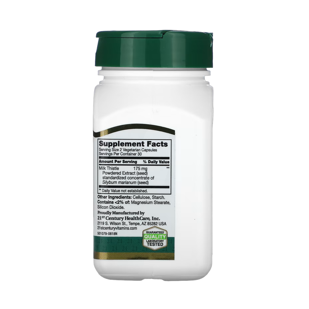 21st Century, Standardized Milk Thistle Extract, 60 Vegetarian Capsules back packaging view