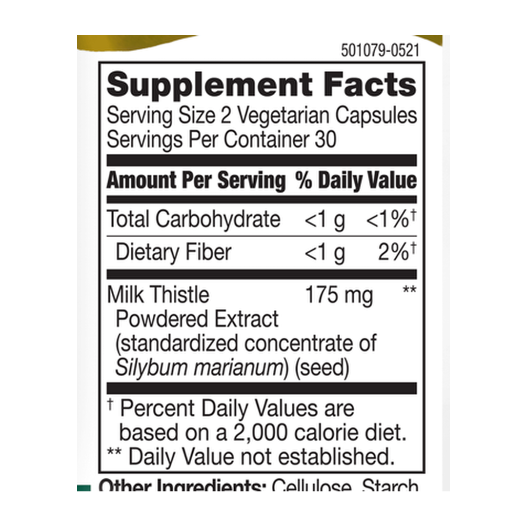 21st Century, Standardized Milk Thistle Extract, 60 Vegetarian Capsules supplement facts label showing ingredients, vitamins, minerals, and serving information