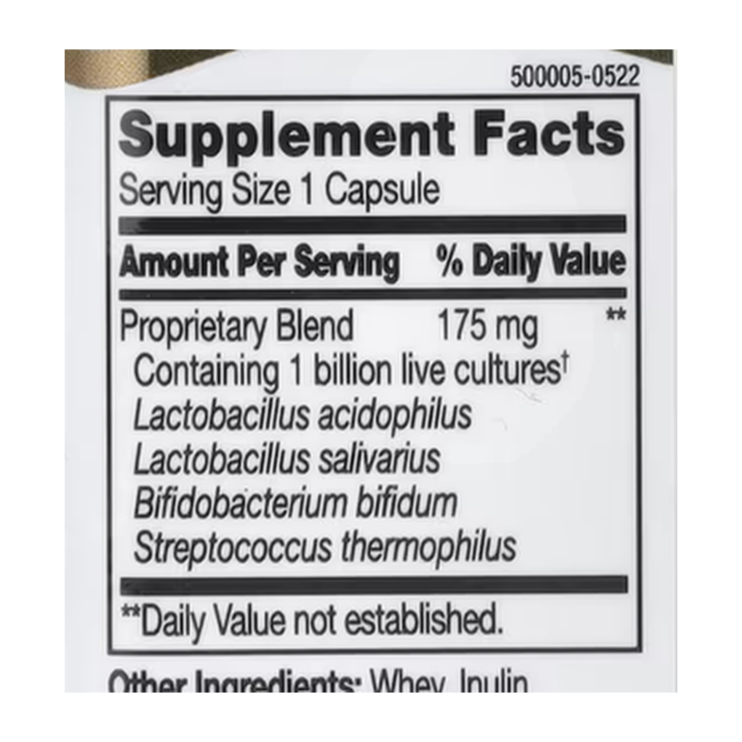21st Century, Acidophilus Probiotic Blend, 100 Capsules supplement facts label showing ingredients, vitamins, minerals, and serving information