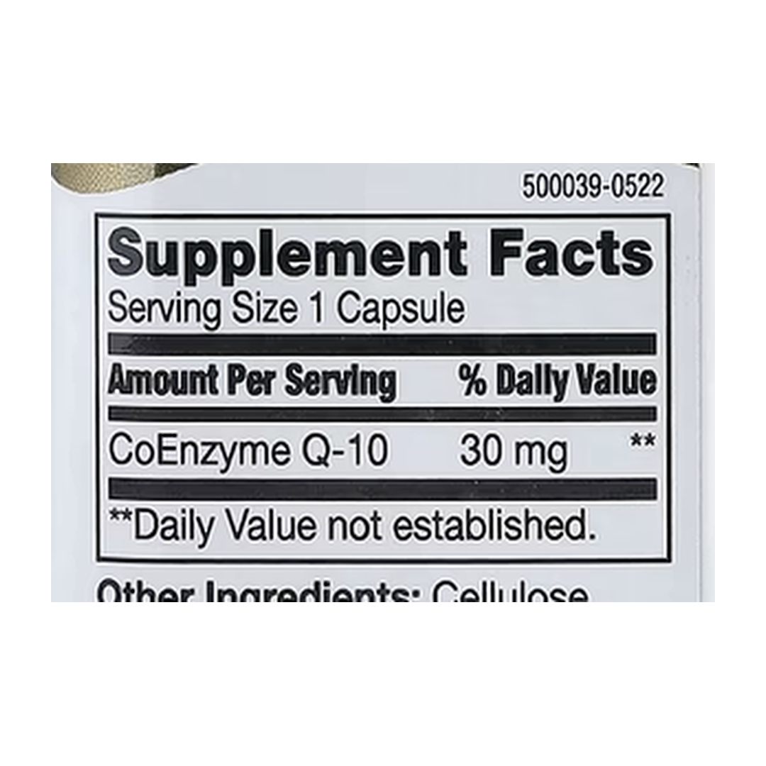 21st Century, Co Q-10, 30 mg, 45 Capsules supplement facts label showing ingredients, vitamins, minerals, and serving information