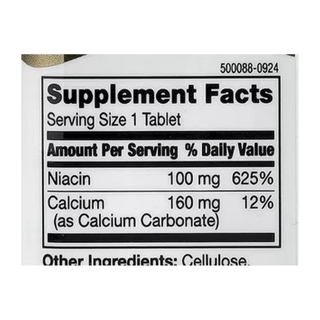 21st Century, Niacin, 100 mg, 110 Tablets supplement facts label showing ingredients, vitamins, minerals, and serving information