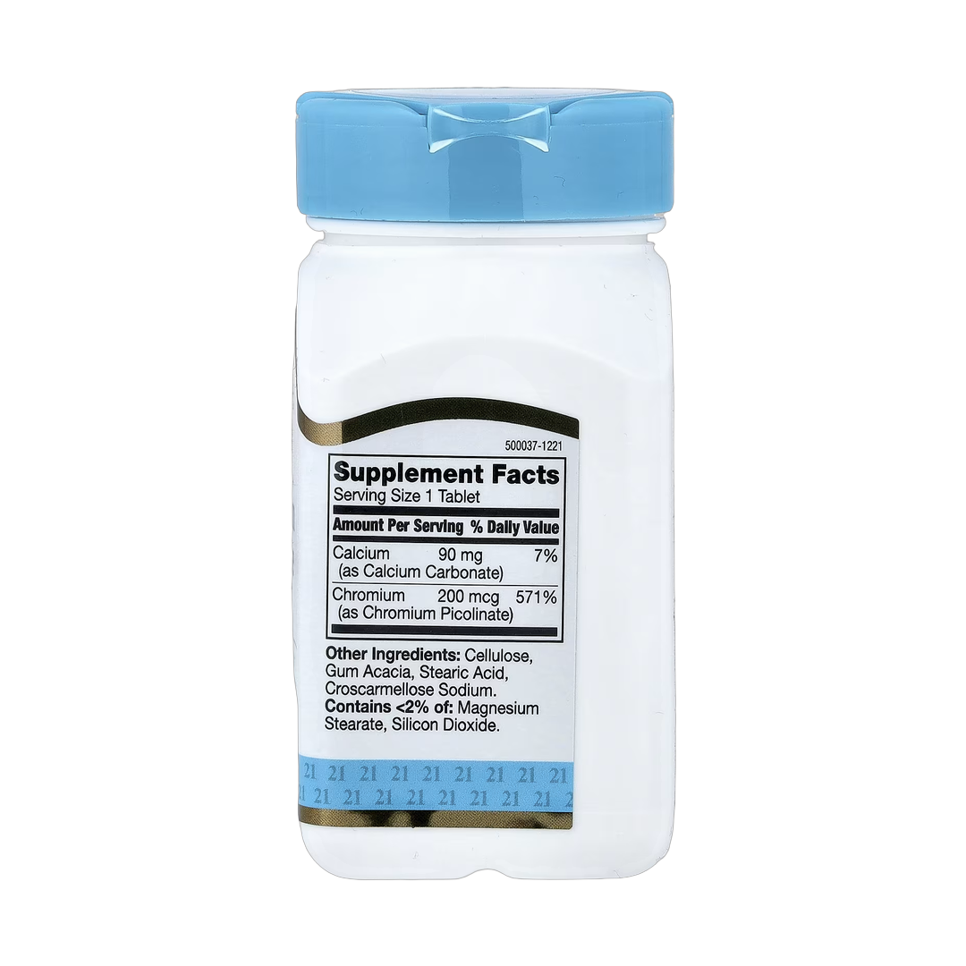 21st Century, Chromium Picolinate, 200 mcg, 100 Tablets back packaging view