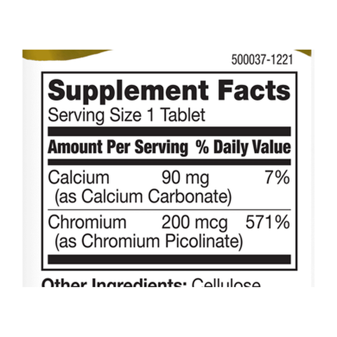 21st Century, Chromium Picolinate, 200 mcg, 100 Tablets supplement facts label showing ingredients, vitamins, minerals, and serving information
