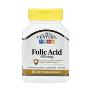 21st Century, Folic Acid, 400 mcg, 250 Easy to Swallow Tablets front packaging view