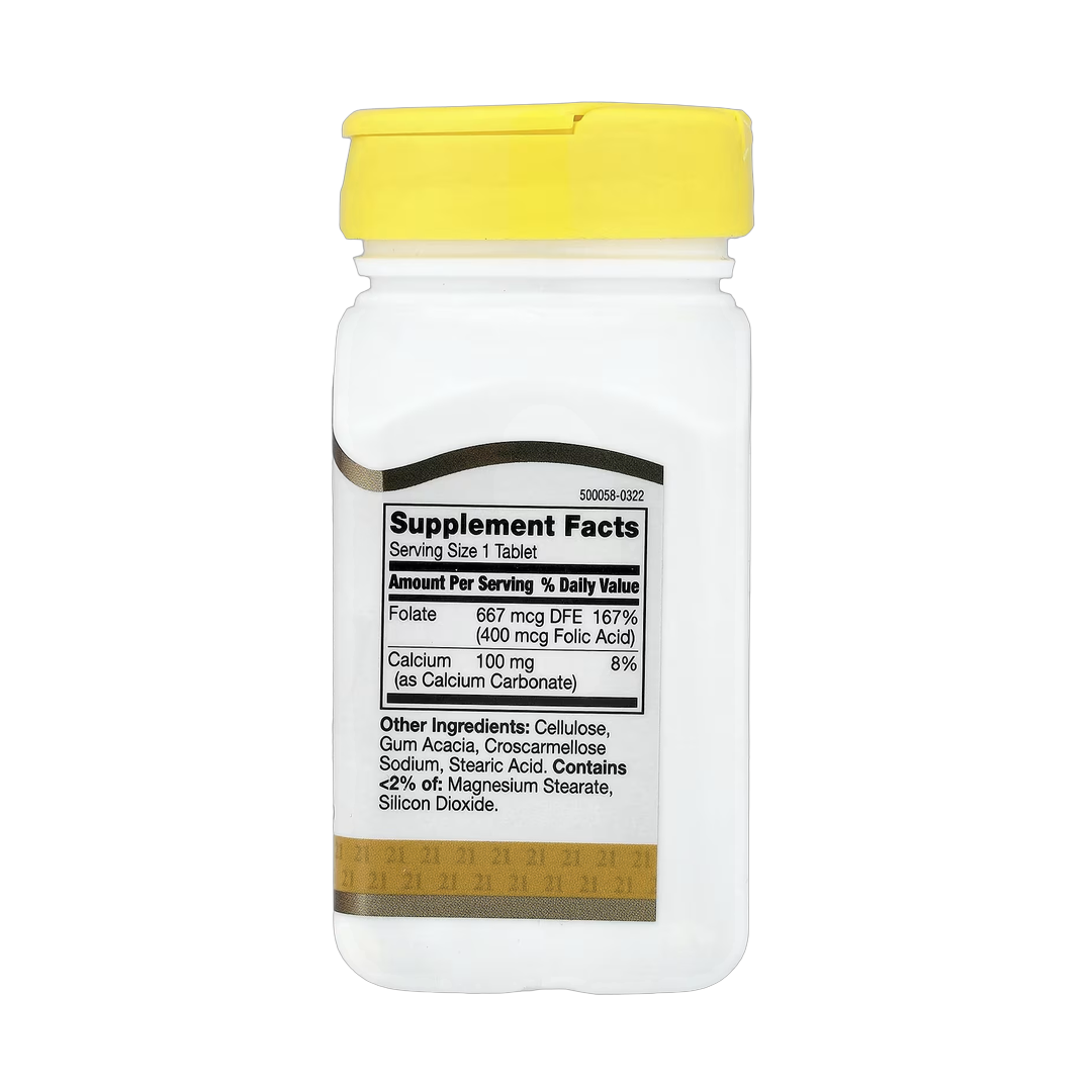 21st Century, Folic Acid, 400 mcg, 250 Easy to Swallow Tablets back packaging view