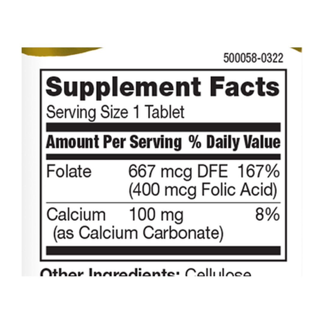 21st Century, Folic Acid, 400 mcg, 250 Easy to Swallow Tablets supplement facts label showing ingredients, vitamins, minerals, and serving information