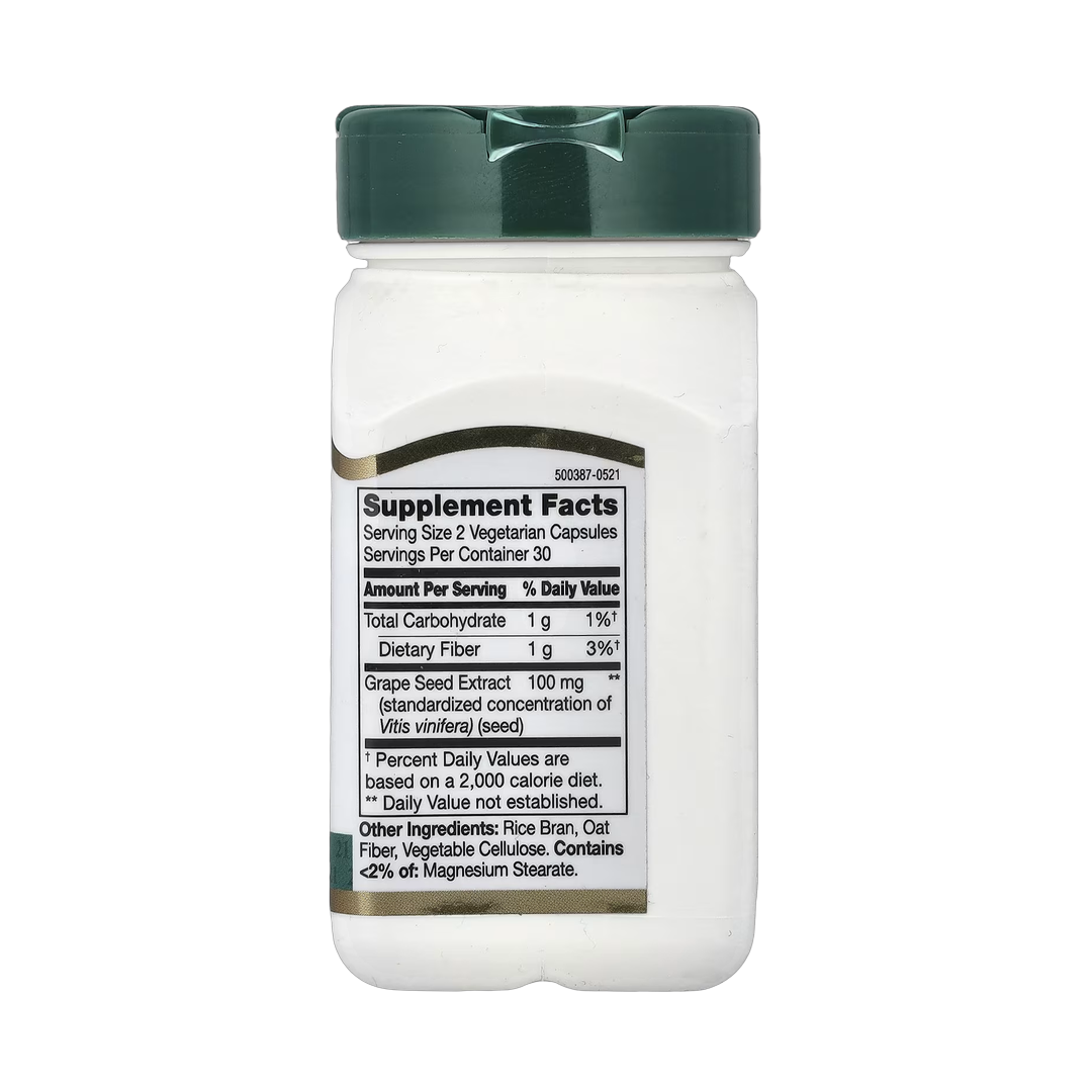 21st Century, Grape Seed Extract, Standardized, 60 Vegetarian Capsules back packaging view