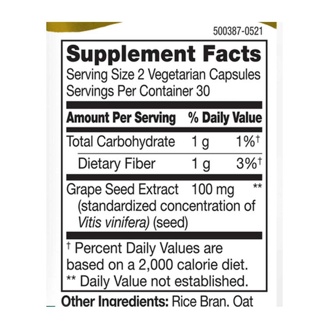 21st Century, Grape Seed Extract, Standardized, 60 Vegetarian Capsules supplement facts label showing ingredients, vitamins, minerals, and serving information