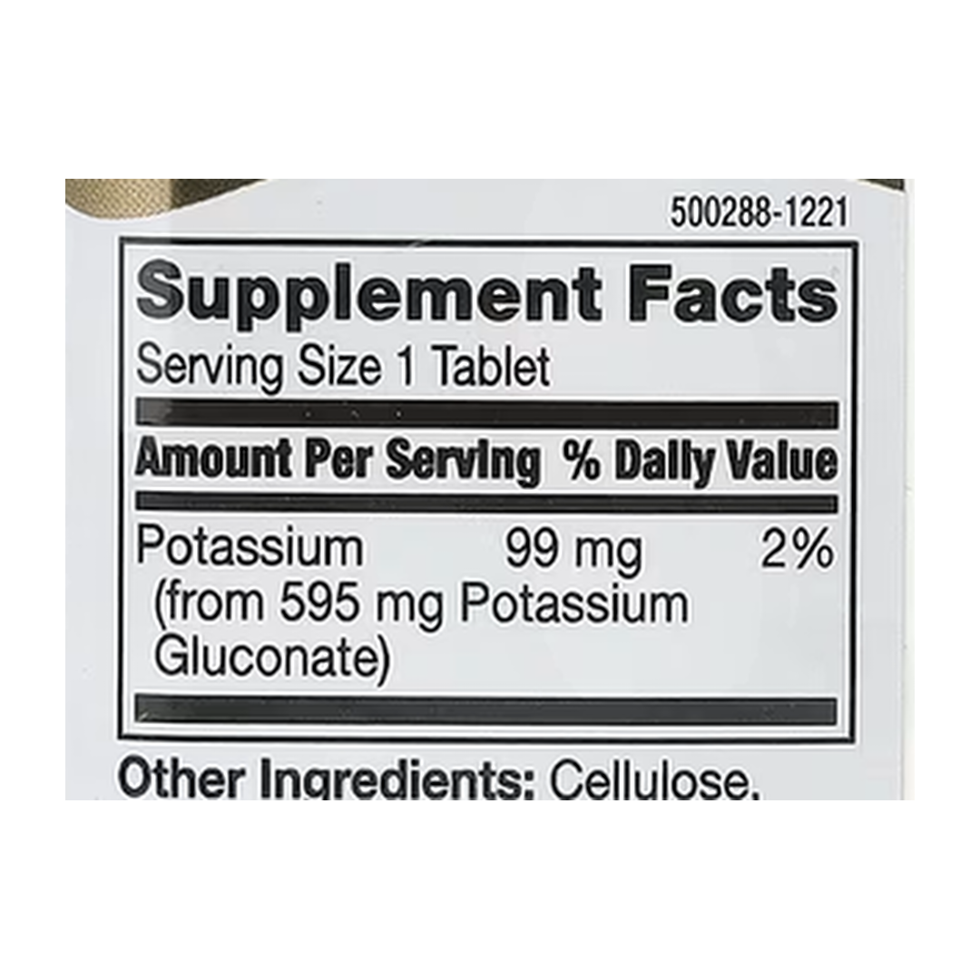 21st Century, Potassium Gluconate, 595 mg, 110 Tablets supplement facts label showing ingredients, vitamins, minerals, and serving information