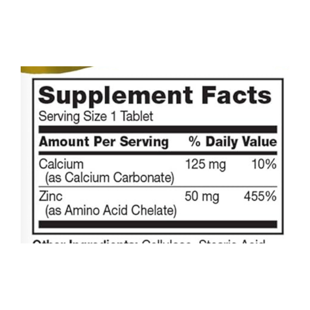 21st Century, Zinc, 50 Mg, 110 Tablets supplement facts label showing ingredients, vitamins, minerals, and serving information