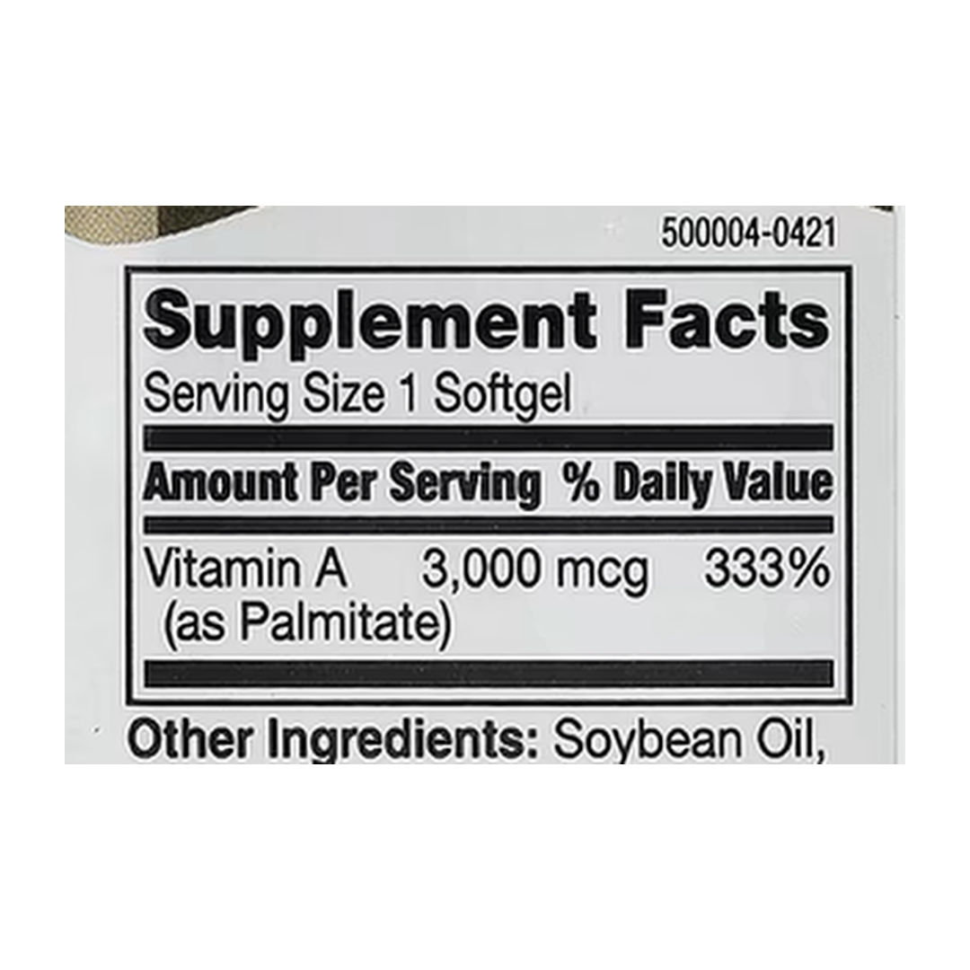 21st Century, Vitamin A, 3,000 mcg (10,000 IU), 110 Softgels supplement facts label showing ingredients, vitamins, minerals, and serving information