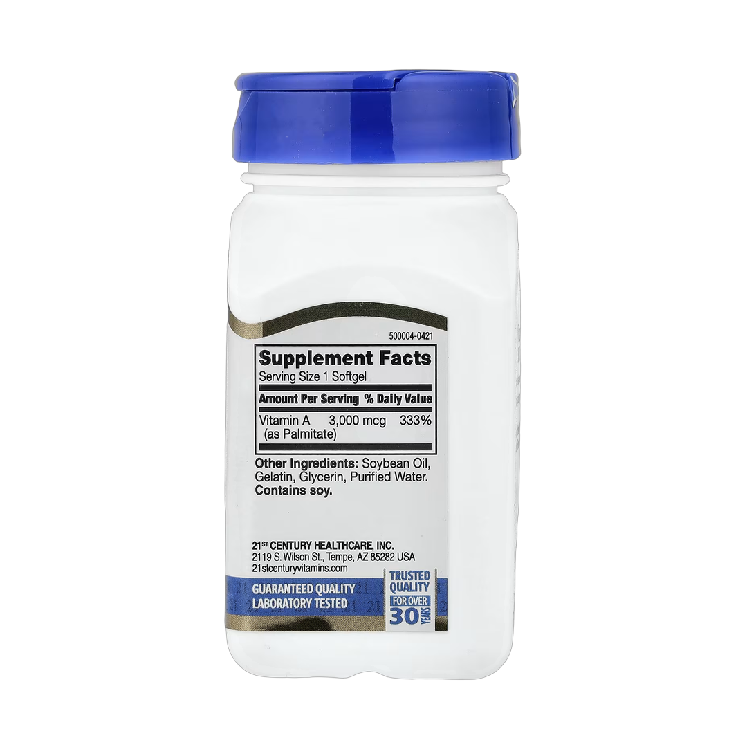 21st Century, Vitamin A, 3,000 mcg (10,000 IU), 110 Softgels back packaging view